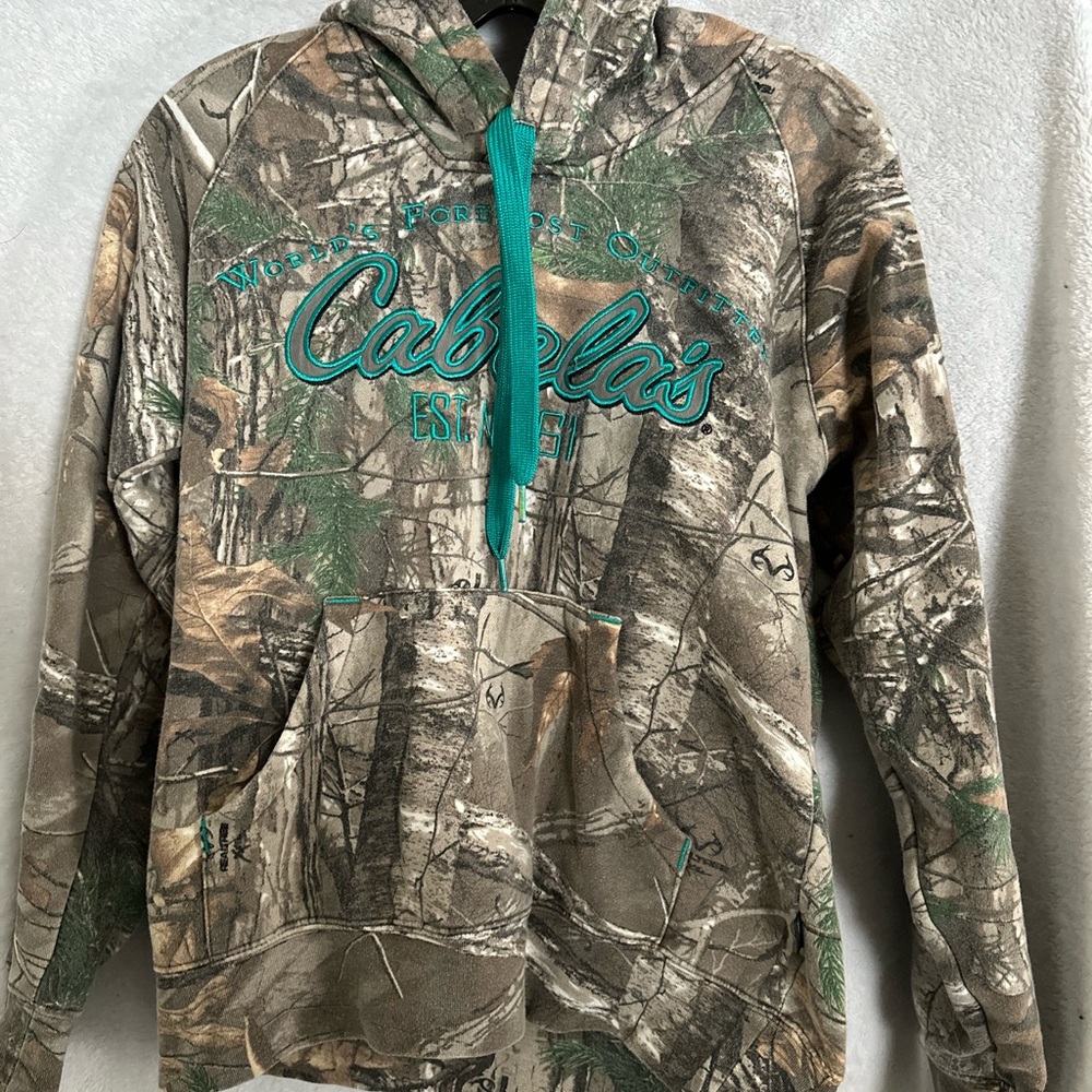 Cabela's Woodland Camo Hoodie with Teal Accents